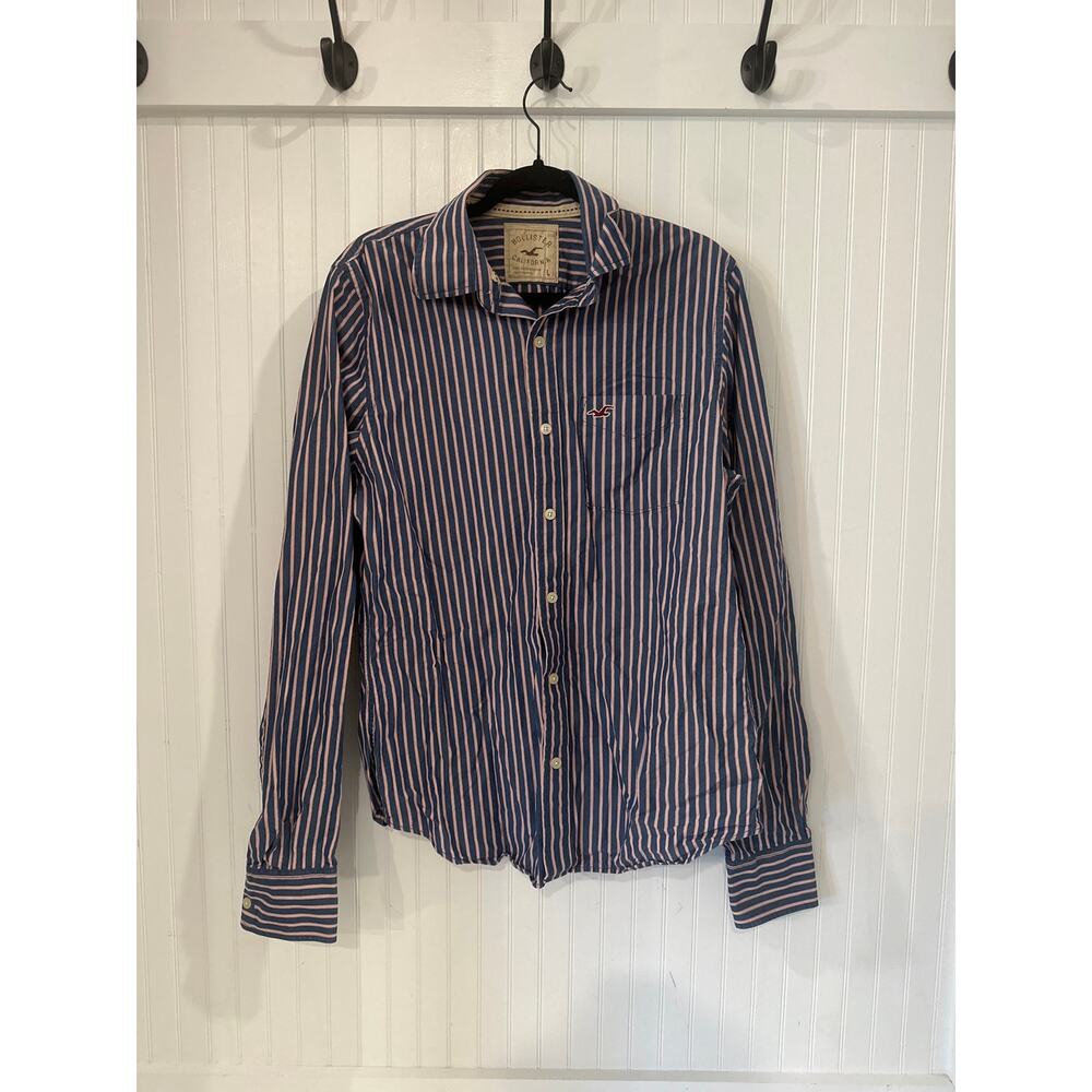 Hollister Men's Y2k Slim Fit Striped Button Down Dress Shirt Navy Pink Size L